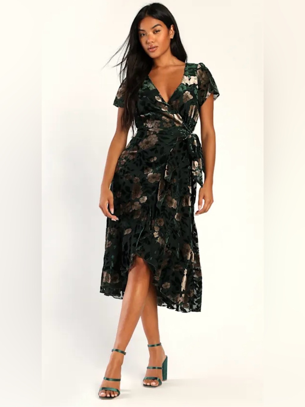 Lulus NWT Women’s Emerald Green Floral Velvet Burnout Wrap Midi Size XS or M - Picture 2 of 13
